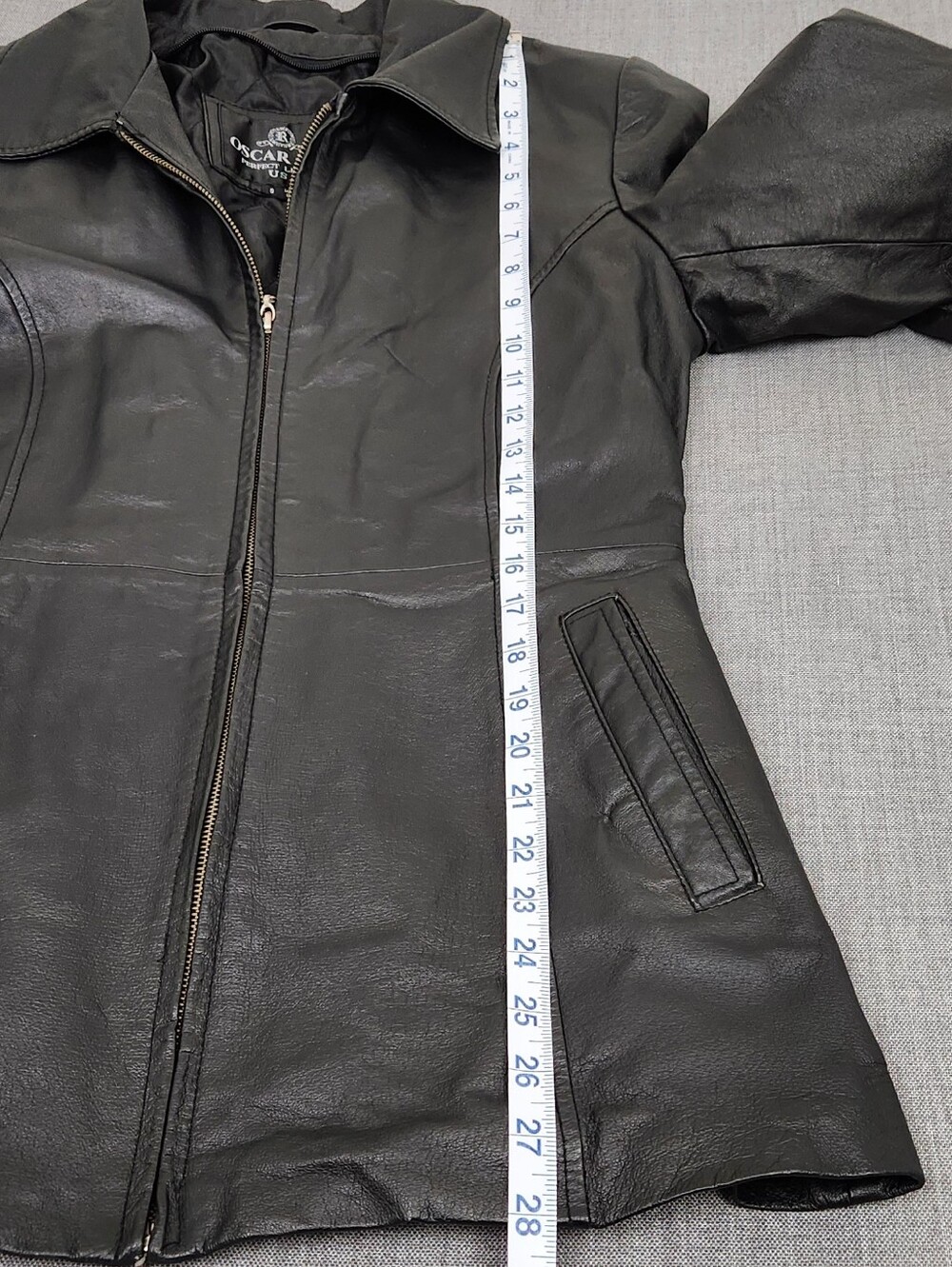 Oscar Piel Sleek Black Leather Zip Up Collard Jacket.  Small - Picture 9 of 9